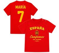 Camiseta Selección Española Bebe Personalizada Campeones del Mundo 2026. Equipación España Bebé Mundial 2026. Camiseta España Mundial 2026 Bebe. Tallas de 0 a 2 Años. 100% Algodón Peinado Rojo