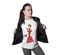 Camiseta semientallada 100% algodón orgánico de Manga Corta para Mujer, con Traje de Flamenca Rojo con Abanico, Camiseta Blanca - Talla XXL - Pepa