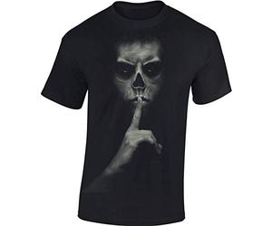 Camiseta: Shhh ! - Cráneo Skull Halloween T-Shirt - Biker Regalo Hombre-s y Mujer-es - Noche Brujas - Calavera - Horror - Gamer - Frankenstein - Fantasy - Apocalipsis - Zombi-e (L)