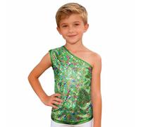 Camiseta sin mangas asimétrica con estampado de leopardo con purpurina para niñas, con hombros descubiertos, para bailes y fiestas., verde, 140