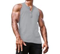 Camiseta sin mangas con cuello Henry para hombre, sin mangas, ajuste muscular, para verano, atletismo, correr, playa, gris, XL