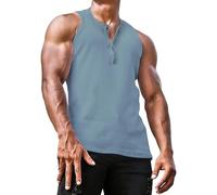 Camiseta sin mangas con cuello Henry para hombre, sin mangas, ajuste muscular, para verano, atletismo, correr, playa, azul claro, XL
