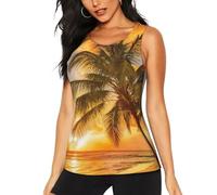 Camiseta sin mangas con estampado de palmeras y puesta de sol para mujer, camiseta de yoga de secado rápido, sin mangas, camiseta atlética de ajuste holgado, Negro, L