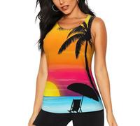 Camiseta sin mangas con estampado de palmeras y puesta de sol para mujer, camisetas de yoga de secado rápido, sin mangas, camiseta atlética de ajuste holgado, Negro, L