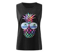 Camiseta sin mangas con estampado de piña colorido cuello redondo para mujer, gris, XL