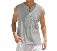 Camiseta sin Mangas de algodón para Hombre, Estilo Casual, sin Mangas, con Cordones, Estilo Hippie, Bohemio, renacentista, Pirata, túnica, Color Gris, Talla XX Large