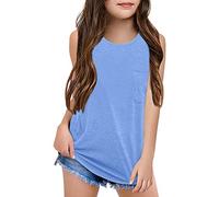 Camiseta sin mangas de algodón para niñas, de gran tamaño, de secado rápido, atlética, sin mangas, con bolsillo, para verano, casual, yoga, baile, entrenamiento, cuello redondo, camiseta básica sólida