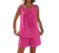 Camiseta sin mangas de lino de dos piezas para mujer, talla grande, cuello en V profundo, pantalones cortos de pierna ancha, transpirable y ligera para un estilo cálido de temporada, hot pink, M