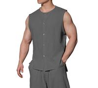 Camiseta sin mangas de lino para hombre, estilo casual, de algodón, con botones, cuello redondo, sin mangas, con solapa vertical, ajuste holgado, transpirable, estilo deportivo, para uso al aire libre