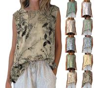 Camiseta sin mangas de lino para mujer, elegante, para verano, estampado floral, blusa de lino, ajuste holgado, camiseta de verano, ligera, transpirable, chaleco de moda, chaleco de playa, blusas para
