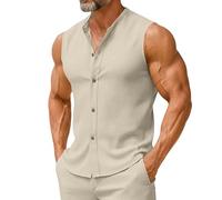 Camiseta sin mangas de lino y algodón para hombre, camisetas chinas de Kung Fu con bolsillos dobles, botones de rana, ropa de Tai-Chi, Z01-Camisa hawaiana beige para hombre, algodón y lino, L