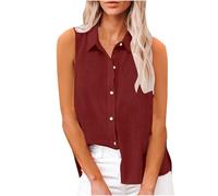 Camiseta sin mangas de lino y algodón para mujer, de verano, moderna, con botones, color liso, cuello liso, sin mangas, chaleco de trabajo, camisas casuales para mujer, hot pink, M