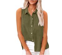 Camiseta sin mangas de lino y algodón para mujer, de verano, moderna, con botones, color liso, cuello liso, sin mangas, chaleco de trabajo, camisas casuales para mujer, verde, 3XL