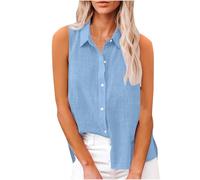 Camiseta sin mangas de lino y algodón para mujer, de verano, moderna, con botones, color liso, cuello liso, sin mangas, chaleco de trabajo, camisas casuales para mujer, azul, S