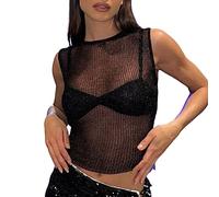 Camiseta sin mangas de malla transparente para mujer, de tela brillante, sin mangas, estilo casual, ajustado, para discoteca, Negro, XL