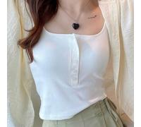 Camiseta sin mangas de mujer Cuello cuadrado Chaleco con botones Construido en sujetador Nylon Holiday Top (Blanco)