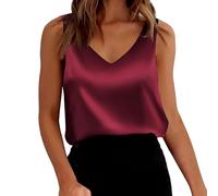 Camiseta sin mangas de verano con cuello en V elegante y elegante satén de seda moda gran tamaño blusa básica moda clásica ligera suelta blusas tops cómodo casual, Rd2, S