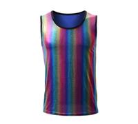 Camiseta sin mangas metálica brillante para hombre, túnica arcoíris de manga corta para club, top ajustado cuero redondo estilo discoteca de los años 70 y 80, jersey informal ajustado para fiestas
