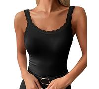 Camiseta Sin Mangas Mujer Verano Cuello en V Top de Encaje Holgado Camisetas Tirantes Elegante Tank Top Transpirable Malla Chalecos Top Lencero Informal de encaje con empalme para mujer (Black, M)