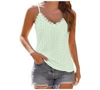 Camiseta Sin Mangas Mujer Verano Cuello en V Top de Encaje Sexy Holgado Camisetas Tirantes Elegante Tank Top Suave Transpirable Malla Chalecos Top Lencero Informal Encaje Blusas (01 Verde, L)