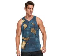 Camiseta sin mangas para hombre, diseño de mapa de aventuras, color azul y dorado, para hombre, cómoda, transpirable, para verano, atlética, Blue Gold Adventure Map, XXL