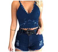 Camiseta sin mangas para mujer, casual, ombliguera, sexy, para playa, hawaiana, camiseta corta ajustada, tirantes básicos, chalecos para salir, sexy, cuello en V, camisola de encaje, blusa, ropa de
