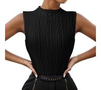 Camiseta sin mangas para mujer con cuello alto 2024, estilo informal, de punto acanalado, corte estrecho, con textura, sin mangas, pelucas de carnaval, Negro , S