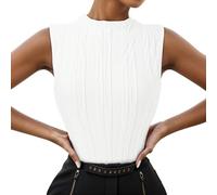 Camiseta sin mangas para mujer con cuello alto 2024, estilo informal, de punto acanalado, corte estrecho, con textura, sin mangas, pelucas de carnaval, Blanco, XL