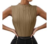 Camiseta sin mangas para mujer con cuello alto 2024, estilo informal, de punto acanalado, corte estrecho, con textura, sin mangas, pelucas de carnaval, marrón, L
