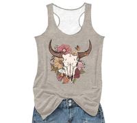 Camiseta sin mangas para mujer con estampado de calavera de toro, estilo occidental, camiseta informal de verano con detalles florales y plumas, Style_f01 Khaki, M