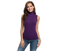 Camiseta sin mangas para mujer, cuello alto, camiseta sin mangas, camiseta interior fina, suave, elástica, cuello alto, monocolor, S - XL, morado, S
