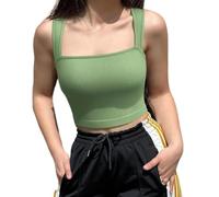 Camiseta sin mangas para mujer, cuello cuadrado, de punto acanalado, sin costuras, tirantes anchos, sin mangas, elástica, para mujer, verde, S