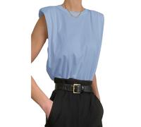 Camiseta sin mangas para mujer de verano, tank top sólido de cuello redondo con hombreras, camiseta casual suelta para mujer, azul, L