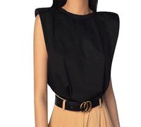 Camiseta sin mangas para mujer de verano, tank top sólido de cuello redondo con hombreras, camiseta casual suelta para mujer, Negro , M