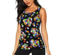Camiseta sin mangas para mujer, diseño de rompecabezas de concienciación sobre el autismo, con estampado de corazones, para entrenamiento, tenis, yoga, atletismo, correr, Negro -, XXL