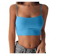 Camiseta sin mangas para mujer, sin vientre, para verano, sexy, espagueti, para verano, para playa, fiesta, festival, club, veste, vacación, sin mangas, camiseta interior sin mangas, azul, L