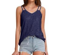 Camiseta sin Mangas Sexy de Moda para Damas con Lentejuelas en Color Liso 1, Cuello Redondo, Lino, Secado rápido y cómodo, Ideal Fiesta Informal, Invierno Tallas Grandes # L