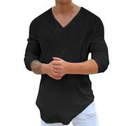 Camiseta sólida casual masculina 2026 Diseño especial de puño con cuello en V Top Camisa de manga larga Moda Suelta Top Blusa, Negro , L