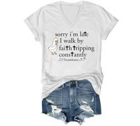 Camiseta Sorry Im Late I Walk by Faith Tripping Constantly, Sorry Im Late, Walking by Faith Tripping Constantly, Blanco (cuello en V), 3XL
