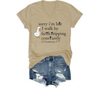 Camiseta Sorry Im Late I Walk by Faith Tripping Constantly, Sorry Im Late, Walking by Faith Tripping Constantly, Caqui (cuello en V), 3XL