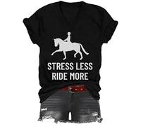 Camiseta Stress Less Ride More con diseño de caballo y cuello en V para mujer y hombre, Negro, XL