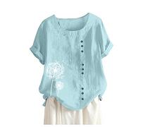 Camiseta suelta Tanic Daily Plus Blusa Boho Towns Lino Casual Tamaño Botón Mujer Blusa para Mujeres Traje de neón Mujer, azul claro, 5XL