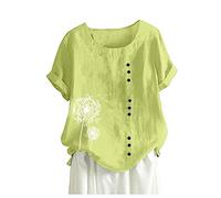 Camiseta suelta Tanic Daily Plus Blusa Boho Towns Lino Casual Tamaño Botón Mujer Blusa para Mujeres Traje de neón Mujer, amarillo, L