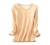 Camiseta térmica de manga larga para mujer con forro interior suave. Camiseta interior forrada de invierno con estructura acanalada. Parte superior básica cálida para días fríos, Style_i01 Beige, L
