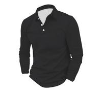 Camiseta tipo polo para hombre, manga larga, para golf, con cuello, lisa, formal, para el trabajo, ajustada, con botones, elástica, ligera, informal, para vacaciones, Negro, L