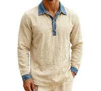 Camiseta tipo polo para hombre y adulto, de manga larga, lavada, desgastada, con retazos, polos, holgada, transpirable, deportiva, retro, a la moda, informal, cómoda y atlética, beige, 4XL