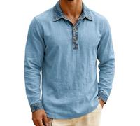 Camiseta tipo polo para hombre y adulto, de manga larga, lavada, desgastada, con retazos, polos, holgada, transpirable, deportiva, retro, a la moda, informal, cómoda y atlética, azul claro, S