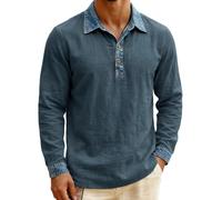 Camiseta tipo polo para hombre y adulto, de manga larga, lavada, desgastada, con retazos, polos, holgada, transpirable, deportiva, retro, a la moda, informal, cómoda y atlética, azul marino, S