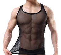 Camiseta Tirantes Malla Sexy Hombre Chaleco Rejilla sin Mangas Transparente Ropa Interior Elástica Dormir Camiseta Gimnasio Transpirable Culturismo Muscular Entrenamiento Lencería Traje Baño (L)