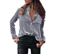 Camiseta Tops Blusa Mujeres de Terciopelo Color Sólido a su Vez-Down Cuello Manga Larga Slim Fit Camiseta Tops Moda Blusa Camisa de oficina Cuello en V Fiesta T-Shirt(A Plata,XL)